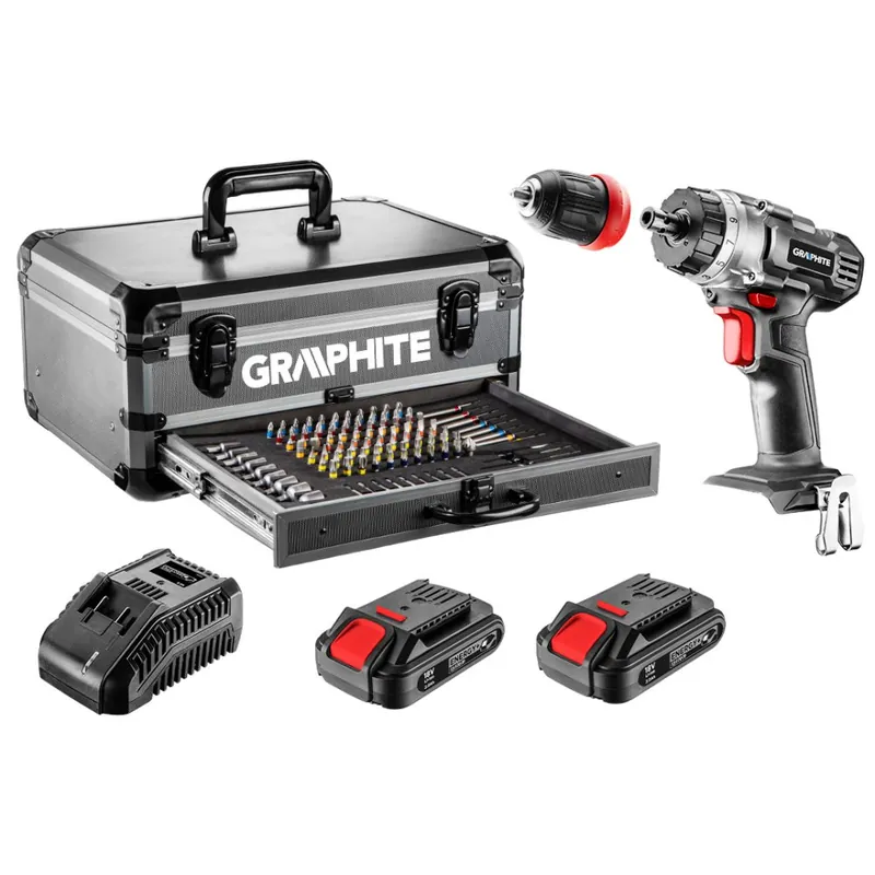 Set Energy+ în cutie de aluminiu: șurubelniță de găurit 2 x 18 V/2.0 Ah, 10 mm + 109 accesorii 58G022-PS15 Retur ușor