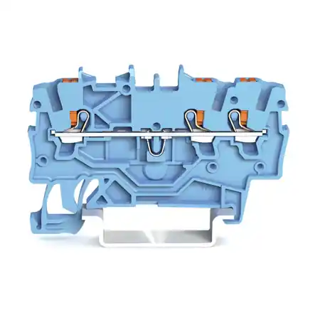 3-conductor through terminal block; with push-button; 1 mm²; with test port; suitable for Ex i applications; side and center marking; for DIN-rail 35 x 15 and 35 x 7.5; Push-in CAGE CLAMP®; 1,00 mm²; blue Wago Lichidare de stoc