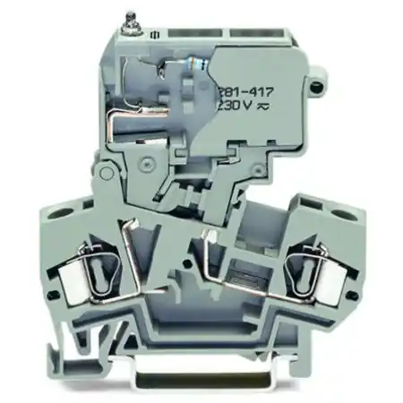 2-conductor fuse terminal block; with pivoting fuse holder; for 5 x 30 mm miniature metric fuse; with blown fuse indication by neon lamp; 120 V; for DIN-rail 35 x 15 and 35 x 7.5; 4 mm²; CAGE CLAMP®; 4,00 mm²; gray Wago Discount