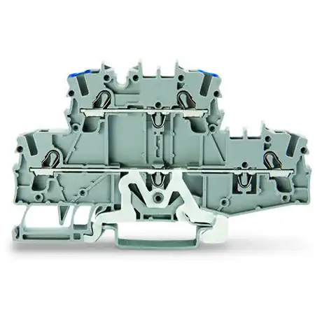 Ultima șansă Double-deck terminal block; Ground conductor/through terminal block; PE/L; without marker carrier; suitable for Ex e II applications; Blue conductor entry upper deck; for DIN-rail 35 x 15 and 35 x 7.5; 2.5 mm²; Push-in CAGE CLAMP®; 2,50 mm²; gray Wago