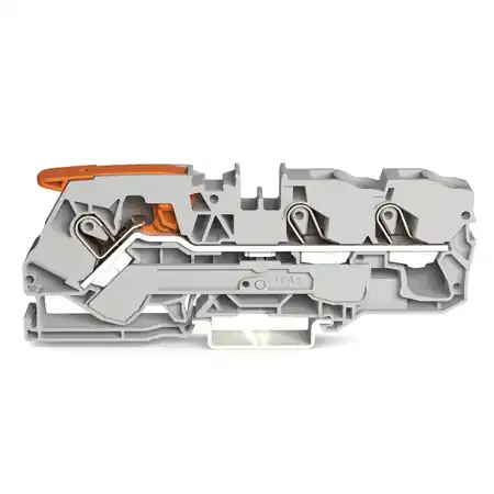 3-conductor through terminal block; with lever and Push-in CAGE CLAMP®; 10 mm²; with test port; side and center marking; for DIN-rail 35 x 15 and 35 x 7.5; Push-in CAGE CLAMP®; 10,00 mm²; gray Wago Bestseller
