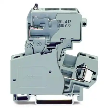 2-conductor fuse terminal block; with pivoting fuse holder; for miniature metric fuse 1/4 x 1 mm; with blown fuse indication by neon lamp; 230 V; for DIN-rail 35 x 15 and 35 x 7.5; 4 mm²; CAGE CLAMP®; 4,00 mm²; gray Wago Reducere extra