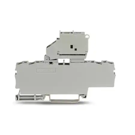 4-conductor fuse terminal block; with pivoting fuse holder; and end plate; for 5 x 20 mm miniature metric fuse; without blown fuse indication; for DIN-rail 35 x 15 and 35 x 7.5; 2.5 mm²; Push-in CAGE CLAMP®; 2,50 mm²; gray Wago Ofertă specială
