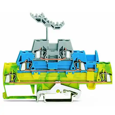 Triple-deck terminal block; Ground conductor/through/through terminal block; with marker carrier; for DIN-rail 35 x 15 and 35 x 7.5; 2.5 mm²; CAGE CLAMP®; 2,50 mm²; green-yellow/blue/gray Wago Reduceri