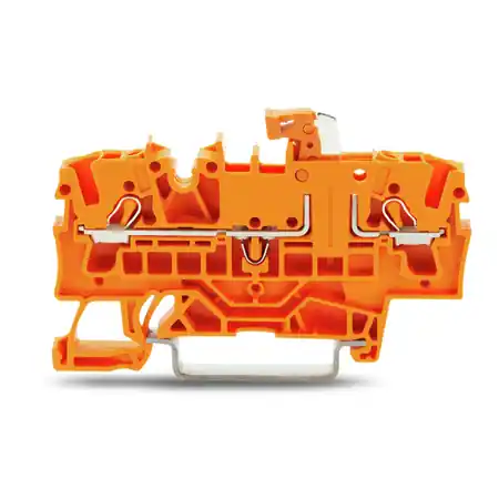 2-conductor disconnect/test terminal block; with test option; orange disconnect link; for DIN-rail 35 x 15 and 35 x 7.5; 2.5 mm²; Push-in CAGE CLAMP®; 2,50 mm²; orange Wago Cel mai bun preț