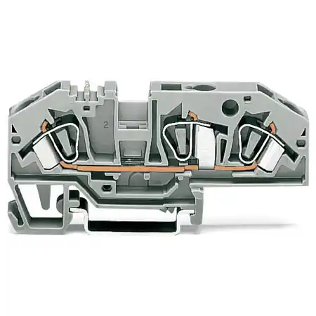 3-conductor through terminal block; 6 mm²; with test option; same profile as 3-conductor disconnect terminal block; center marking; for DIN-rail 35 x 15 and 35 x 7.5; CAGE CLAMP®; 6,00 mm²; gray Wago Premium