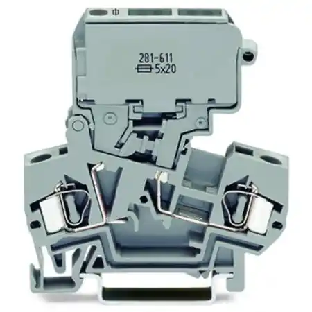 2-conductor fuse terminal block; with pivoting fuse holder; for 5 x 30 mm miniature metric fuse; without blown fuse indication; for DIN-rail 35 x 15 and 35 x 7.5; 4 mm²; CAGE CLAMP®; 4,00 mm²; gray Wago Retur ușor