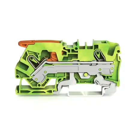 2-conductor ground terminal block; 6 mm²; with test port; side and center marking; for DIN-rail 35 x 15 and 35 x 7.5; Push-in CAGE CLAMP®; 6,00 mm²; green-yellow Wago Bestseller