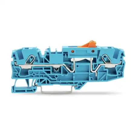 2-conductor disconnect terminal block; with pivoting knife disconnect; with test option; orange disconnect link; for DIN-rail 35 x 15 and 35 x 7.5; 6 mm²; Push-in CAGE CLAMP®; 6,00 mm²; blue Wago Reducere