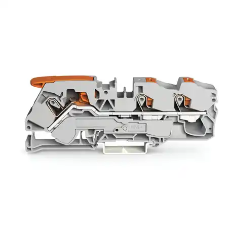 3-conductor through terminal block; with lever and push-button; 16 mm²; with test port; side and center marking; for DIN-rail 35 x 15 and 35 x 7.5; Push-in CAGE CLAMP®; 16,00 mm²; gray Wago Livrare rapidă