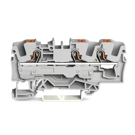 3-conductor through terminal block; with push-button; 6 mm²; with test port; side and center marking; for DIN-rail 35 x 15 and 35 x 7.5; Push-in CAGE CLAMP®; 6,00 mm²; gray Wago Lichidare de stoc