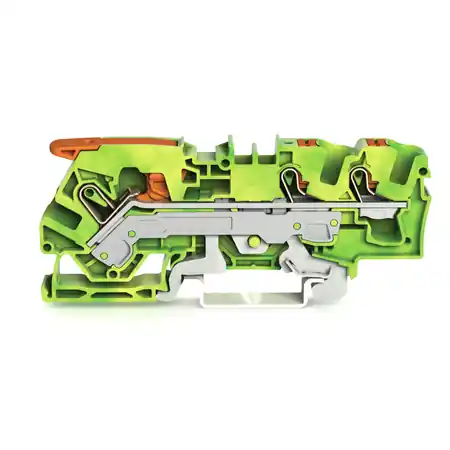 3-conductor ground terminal block; 6 mm²; with test port; side and center marking; for DIN-rail 35 x 15 and 35 x 7.5; Push-in CAGE CLAMP®; 6,00 mm²; green-yellow Wago Preferatul clienților