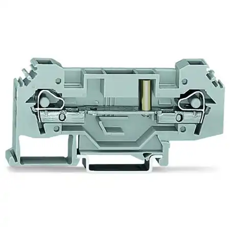 2-conductor through terminal block; 6 mm²; with test option; for 4 mm Ø test plugs; same profile as 2-conductor disconnect terminal block; lateral marker slots; for DIN-rail 35 x 15 and 35 x 7.5; CAGE CLAMP®; 6,00 mm²; gray Wago Reducere