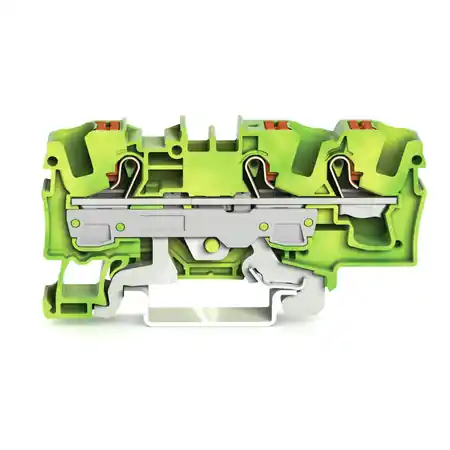 3-conductor ground terminal block; 6 mm²; with test port; side and center marking; for DIN-rail 35 x 15 and 35 x 7.5; Push-in CAGE CLAMP®; 6,00 mm²; green-yellow Wago Promoție