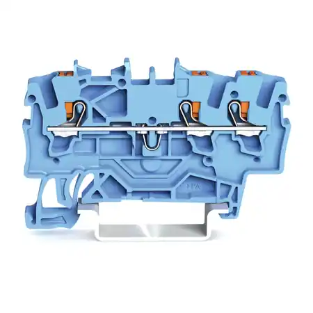 3-conductor through terminal block; with push-button; 1.5 mm²; with test port; suitable for Ex i applications; side and center marking; for DIN-rail 35 x 15 and 35 x 7.5; Push-in CAGE CLAMP®; 1,00 mm²; blue Wago Mai ieftin