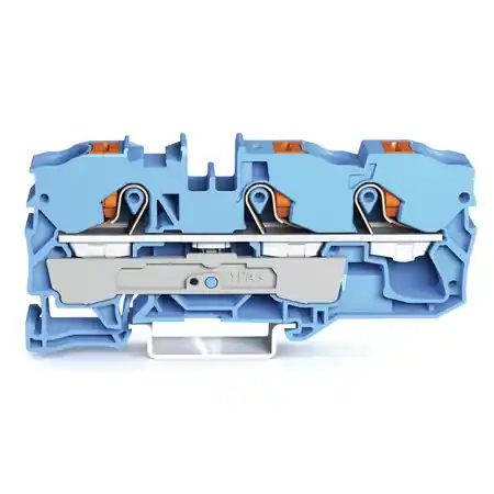 3-conductor through terminal block; with push-button; 10 mm²; with test port; suitable for Ex i applications; side and center marking; for DIN-rail 35 x 15 and 35 x 7.5; Push-in CAGE CLAMP®; 10,00 mm²; blue Wago Plată sigură