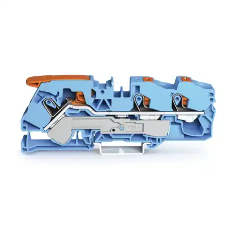 3-conductor through terminal block; with lever and push-button; 16 mm²; with test port; suitable for Ex i applications; side and center marking; for DIN-rail 35 x 15 and 35 x 7.5; Push-in CAGE CLAMP®; 16,00 mm²; blue Wago Popular