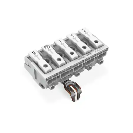 Ultima șansă Lighting connector; push-button, external; for Linect®; with snap-in ground contact; L3-L2-L1-PE-N; 5-pole; Cod. A; Lighting side: for solid conductors; Inst. side: for all conductor types; max. 2.5 mm²; Surrounding air temperature: max 85°C (T85); 2,50 m Wago