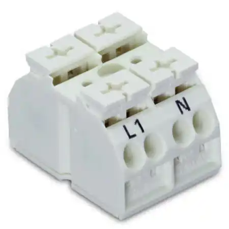 4-conductor chassis-mount terminal strip; suitable for Ex e II applications; 2-pole; L1-N; without ground contact; for self-tapping screw 2.9 mm Ø from bellow; with 2x pin; 4 mm²; 4,00 mm²; white Wago Disponibil imediat