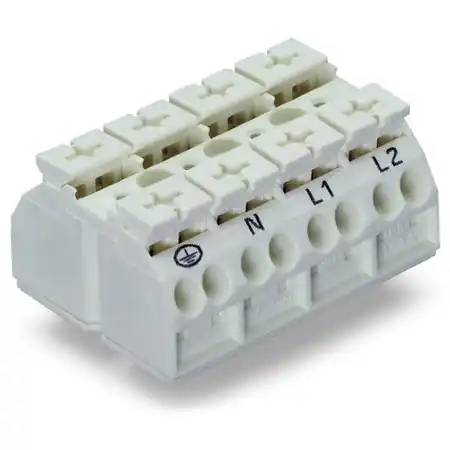 Vezi acum 4-conductor chassis-mount terminal strip; 4-pole; PE-N-L1-L2; with ground contact; 1 snap-in foot per pole; 4 mm²; 4,00 mm²; white Wago