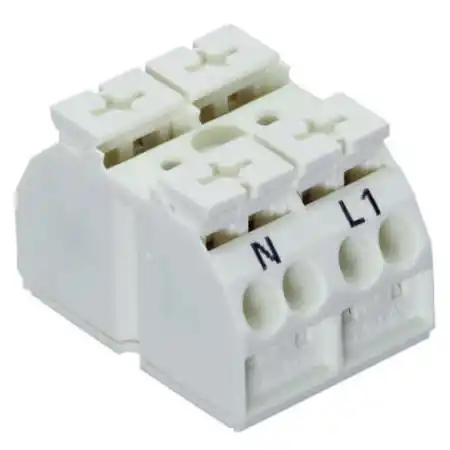 4-conductor chassis-mount terminal strip; 2-pole; N-L1; without ground contact; for self-tapping screw 2.9 mm Ø from bellow; with 2x pin; 4 mm²; 4,00 mm²; white Wago Cel mai vândut