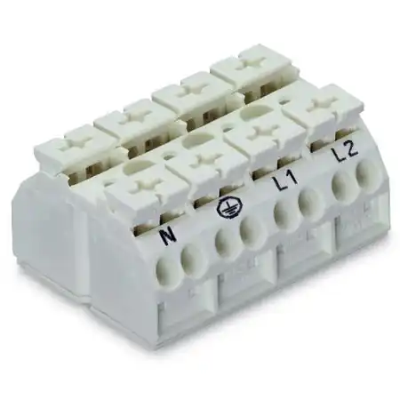 4-conductor chassis-mount terminal strip; 4-pole; N-PE-L1-L2; without ground contact; 1 snap-in foot per pole; 4 mm²; 4,00 mm²; white Wago Premium