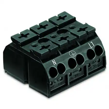 4-conductor chassis-mount terminal strip; 3-pole; N-PE-L1; with ground contact; for 3 mm ø screw and nut; 4 mm²; 4,00 mm²; black Wago Reducere de preț