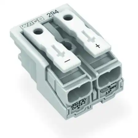 Ultima șansă Lighting connector; push-button, external; without ground contact; 2-pole; Lighting side: for solid conductors; Inst. side: for all conductor types; max. 2.5 mm²; Surrounding air temperature: max 85°C (T85); 2,50 mm²; white Wago